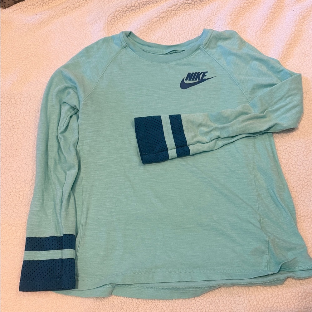 Nike Kids' Teal Long-Sleeve Athletic Tee with Navy Accents